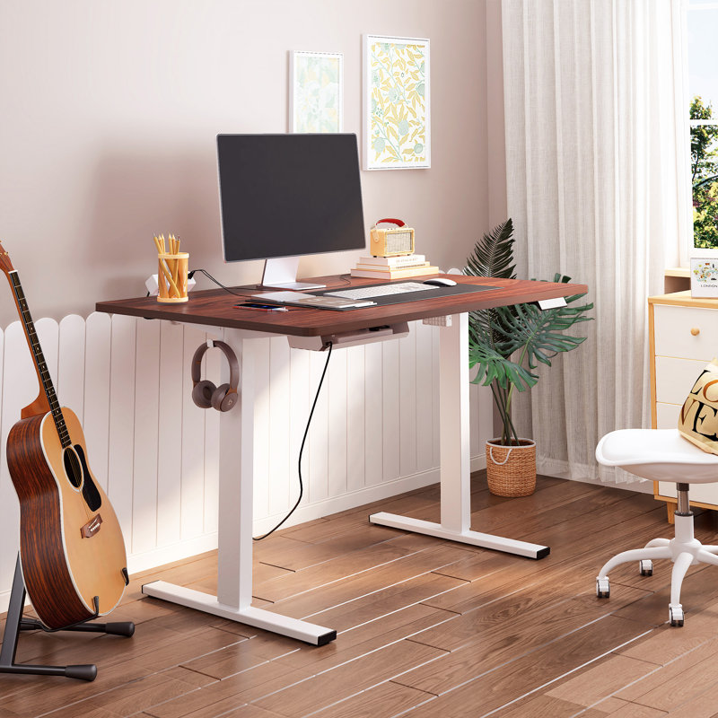 Adjustable Standing Desk, Whole-Piece Desktop, Mahogany/White, 48" W x 30" D