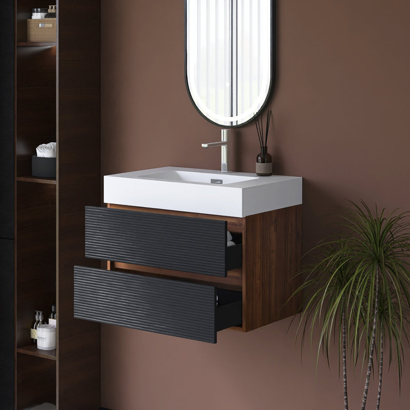 Wall-Mounted Bathroom Vanity With Integrated Solid Surface Basin, 30"
