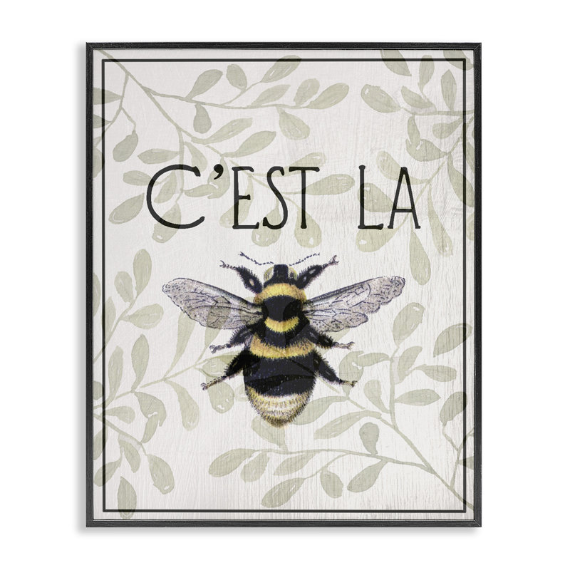 Abeille française sur giclée florale, design par Lil 'Rue, H 20 po x l 16 po, Giclée encadrée noir minuit