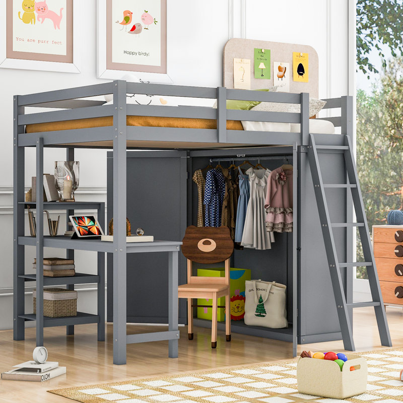 Lit mezzanine avec garde-robe, bureau et tablettes, Gris