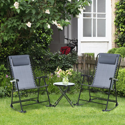 Chaise berçante de patio grise, bistro pliant d'extérieur 3 pièces avec café en verre trempé gris, pour chaises de patio, de terrasse, de jardin et dessus