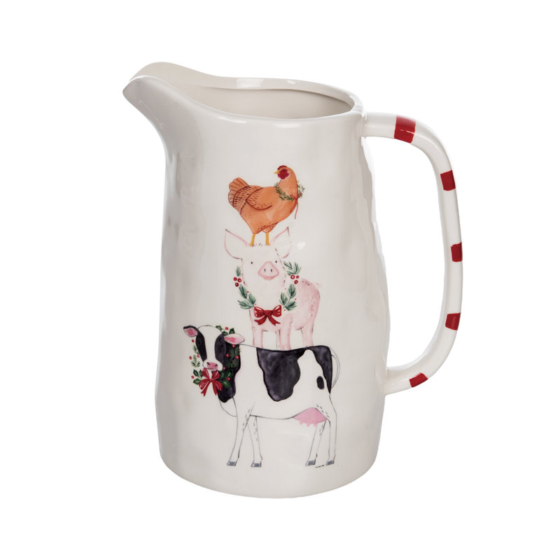 Dolomite Holiday Farm Animal Pitcher, White, Ceramic, Table, Kitchen, Christmas, Beverage Server
