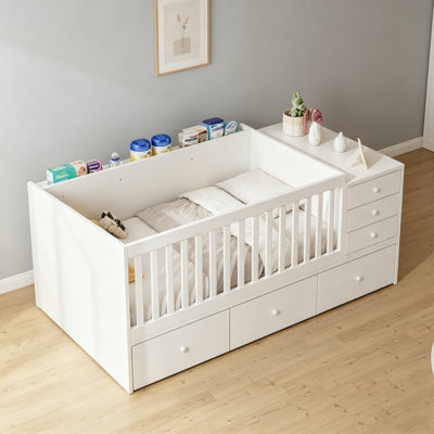 White 2-in-1 Convertible Crib to Daybed with Changing Table, Storage Drawers & Safety Guardrails