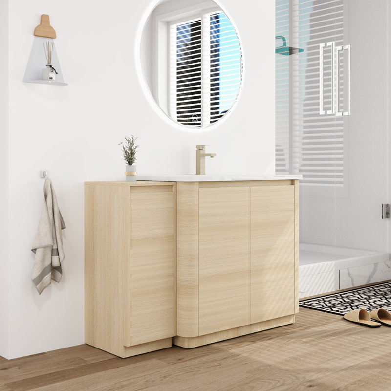Tiearra 48'' Single Freestanding Bathroom Vanity with Ceramic Top, White Oak, 48"
