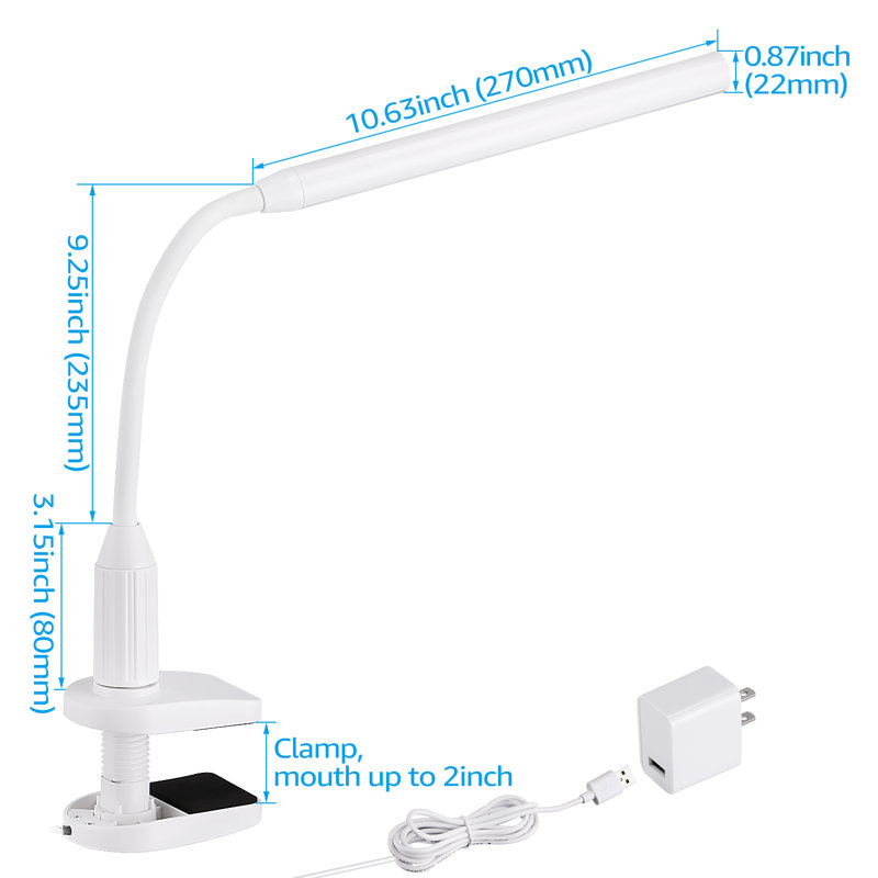 Lampe de bureau moderne à pince, à intensité variable et col de cygne flexible, idéale pour la lecture et les études. Alimentation USB.