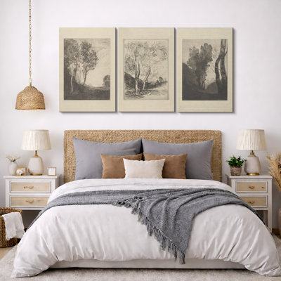 «Duotone», arbres rétro, croquis de forêt, paysage rustique, art encadré sur toile, 3 pièces