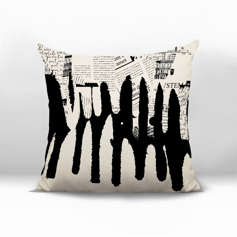 Oreiller carré réversible intérieur / extérieur Kisha, H 15 po x l 15 po, Blanc cassé / abstrait noir