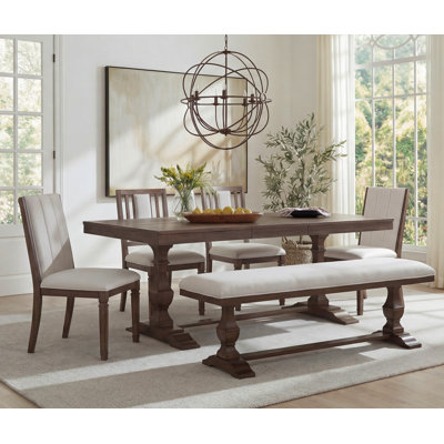 Ensemble de table de salle à manger 74,8 "rustique avec 1 banc et 4 chaises rembourrées (2 styles), structure en bois massif avec pieds décoratifs tournés, ensemble de salle à manger pour 6 à 7 personnes, brun