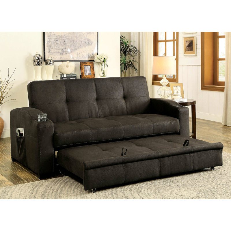 Futon convertible au design transitionnel brun foncé, porte-gobelet et porte-gobelet intégré
