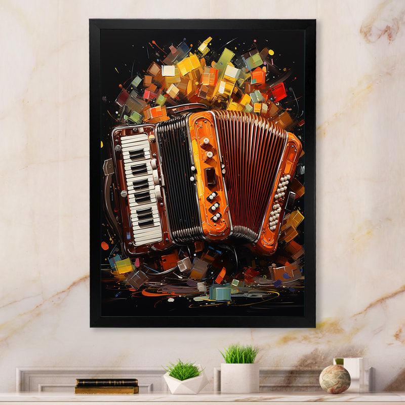 Orange cramoisi accordéon classique - musique, art mural, Cadre simple noir, H 32 po x l 16 po x P 1 po