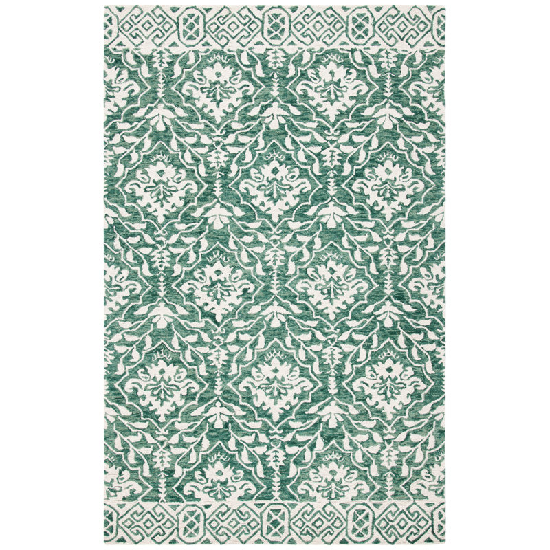 Tapis vert foncé / ivoire en laine touffeté à la main Evangely Damask, Rectangulaire 3 pi x 5 pi