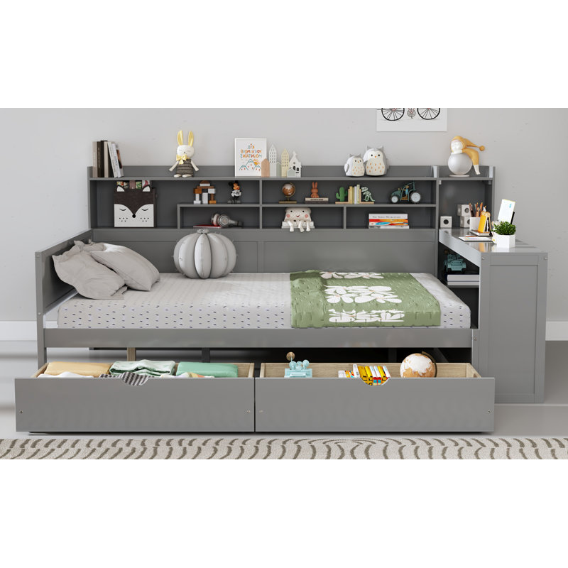 Lit de jour double avec tablettes de rangement, lit multifonctionnel avec deux tiroirs de rangement