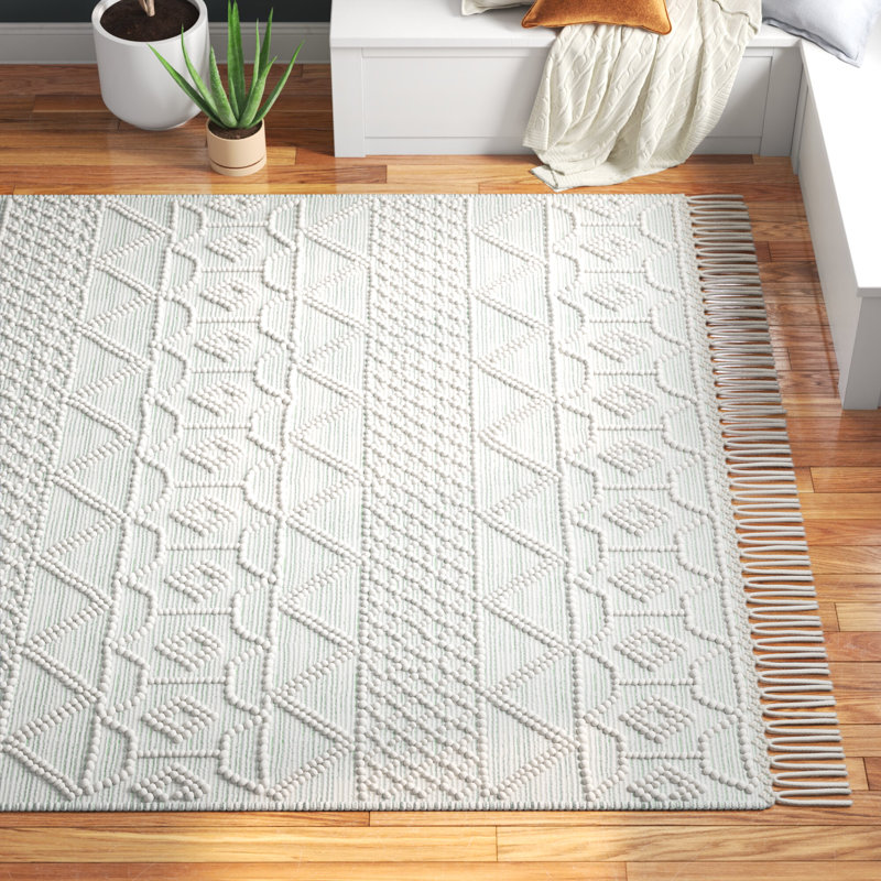 Aldeline Geometric Handmade Area Rug in Ivory/Light Green, Rectangle 8' x 10'
