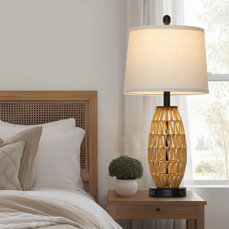 Adone 27" Natural Rattan Bedside Table Lamp with Dual USB Ports and Touch Control, 27" x 12.5" W x 12.5" D, Geometric