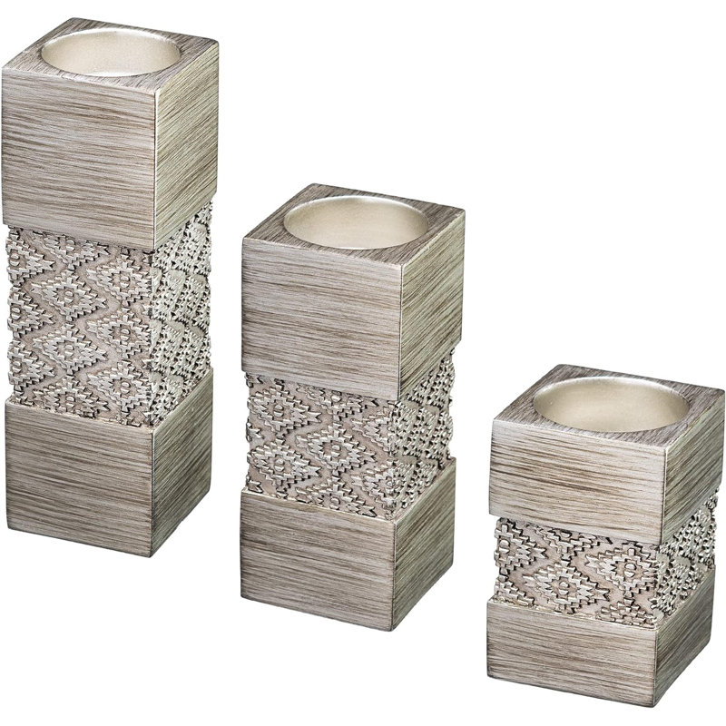 Silver Geometric Patterned Tealight Candle Holder Set