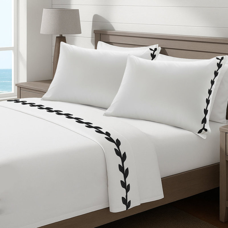 Layered Leaf Applique Cotton Sheet Set, Twin Fitted Sheet, Black/White