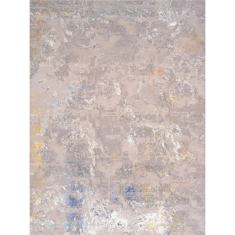 Hand-Knotted Beige Abstract Wool and Silk 9' x 12' Rug