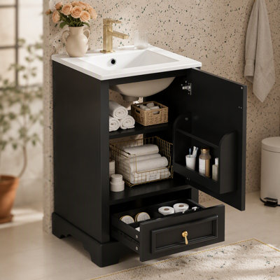 Meuble-lavabo de 20 po avec lavabo en céramique, porte à fermeture en douceur, tablette ajustable en forme de U, tiroir de compartiment et support de porte, style moderne, conception peu encombrante