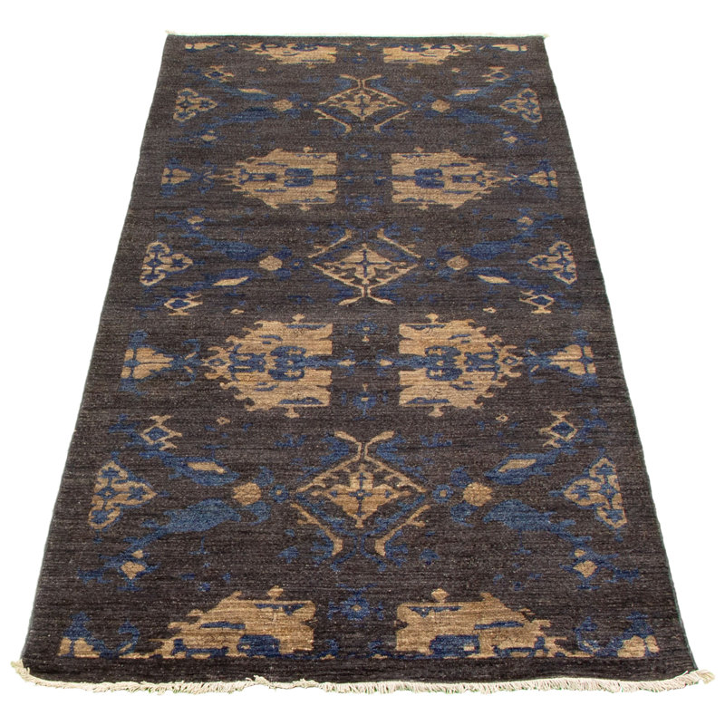 Tapis de couloir gris foncé / brun / bleu en laine noué à la main