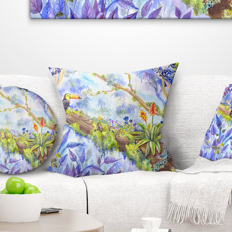 Coussin Jungle with Bird Toucan on Tree, 16 po x 1 po, Carré