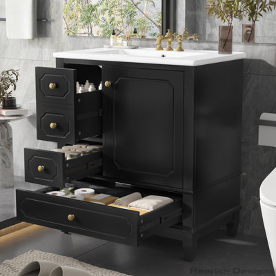 30" Freestanding Vanity Cabinet with Ceramic Basin, Soft-Close Door, 3 Drawers