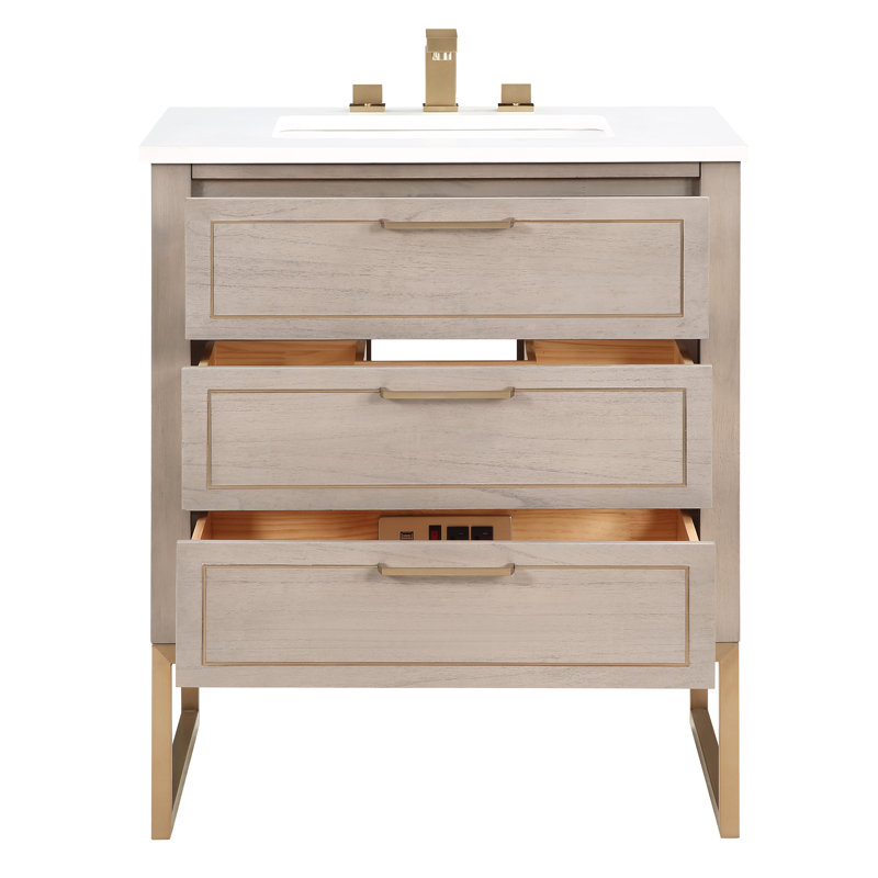 Markham 30'' W Single Vanity, Cashmere Gray, Satin Brass, Universal Calacatta Quartz