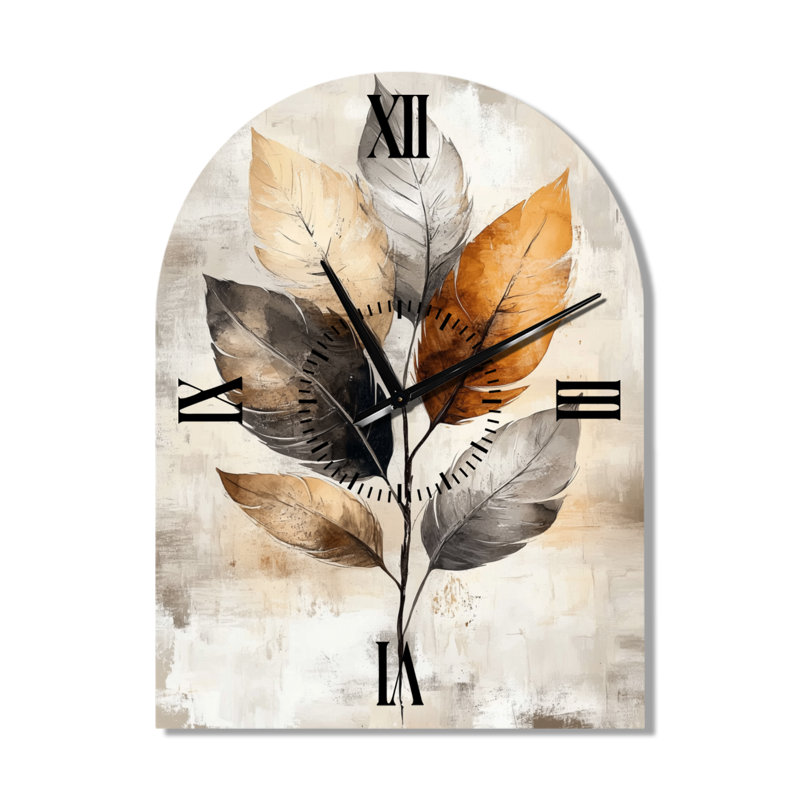 Horloge murale bohème en métal arqué, motif de feuilles marron - Style bohème silencieux, 31" H x 23" W - Arch