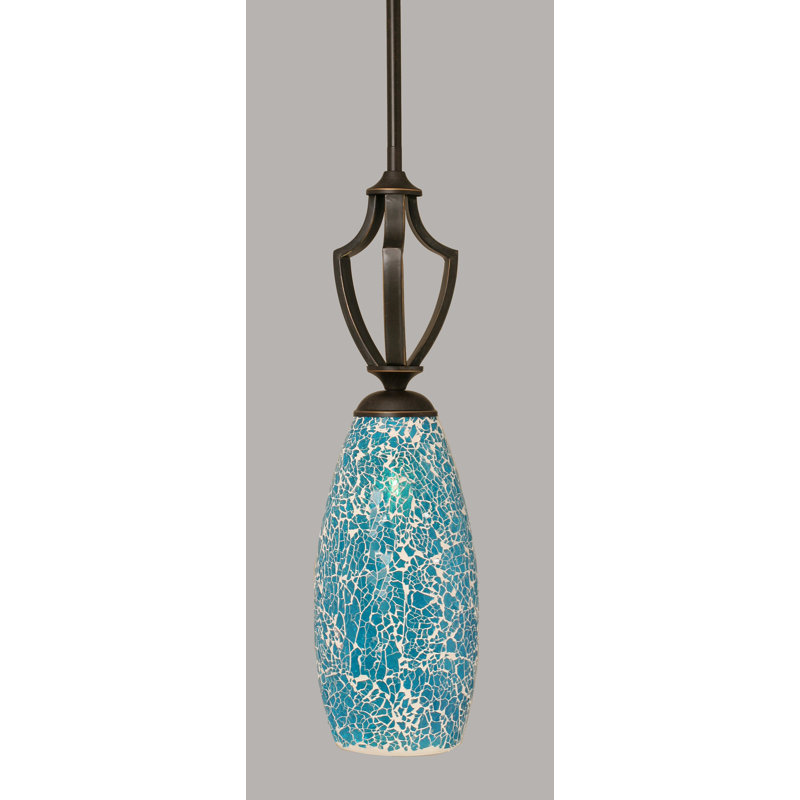 Zilo Stem Hung Mini Pendant Shown In Dark Granite Finish With 5.5" Black Fusion Glass, Turquoise, Dark Granite