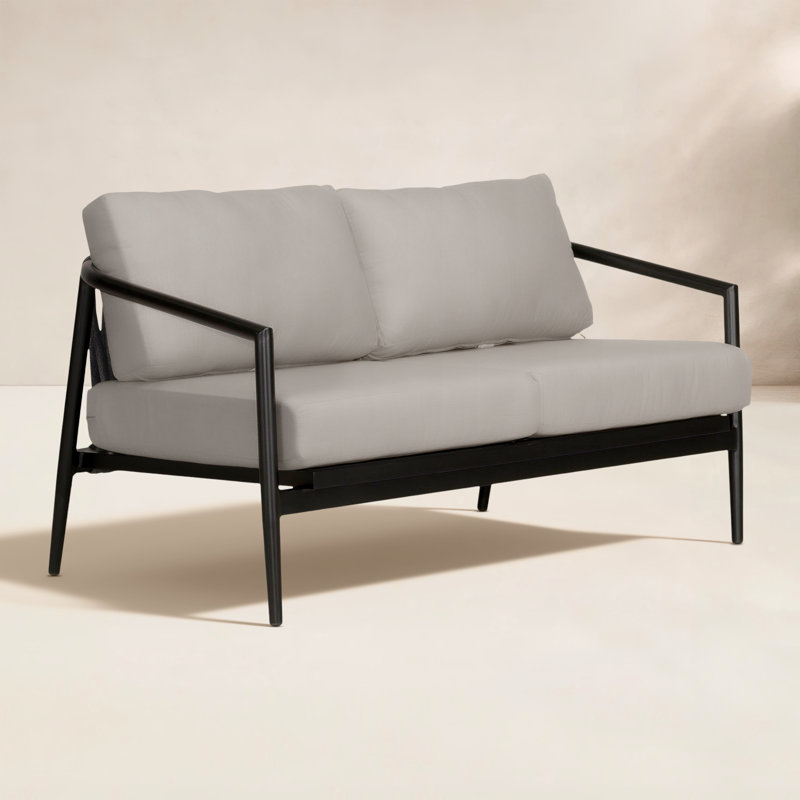 Delaine 56.5'' Wide Straight Powder Coated Aluminum Loveseat with Cushions, Canvas Charcoal Sunbrella® Canvas, Black
