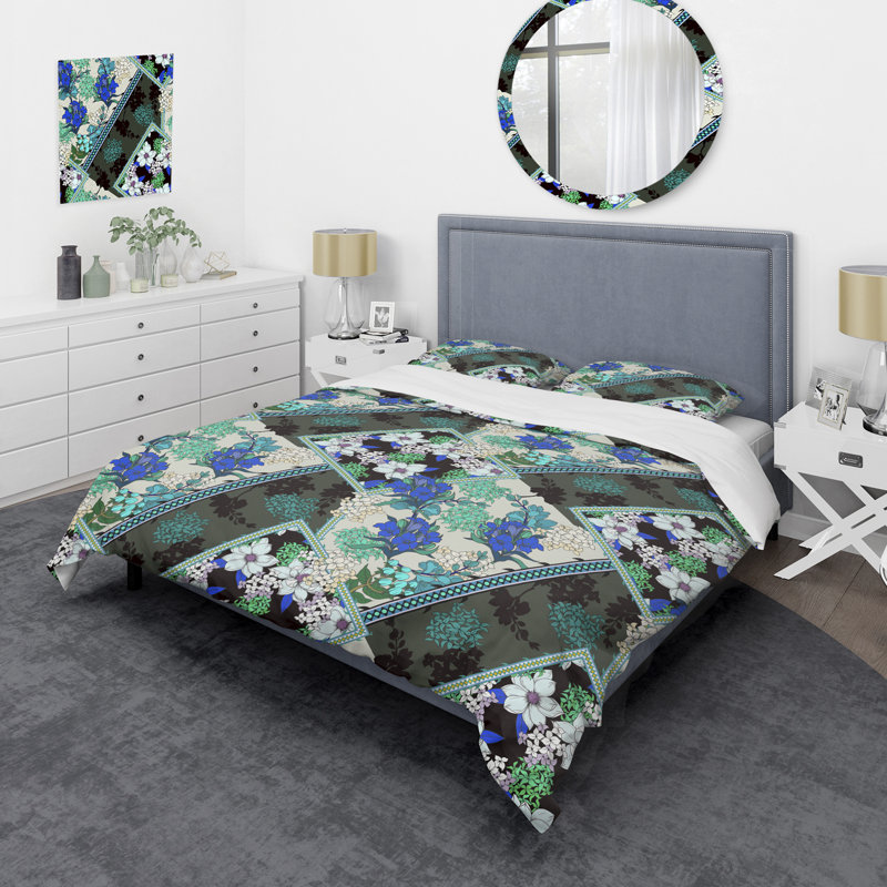 Blue And Green Patchwork Polyester Floral Duvet Cover, King Duvet Cover + 2 King Shams