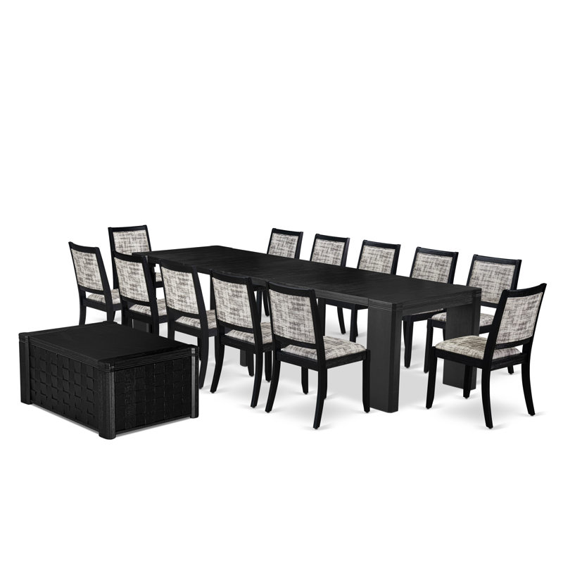 14 Pieces Extendable Dining Set Includes 1 Rectangle Xtenczar Table, 1 Coffee Table and 12 Polyester Fabric Stackable Dining Chairs - (Finish Option)
