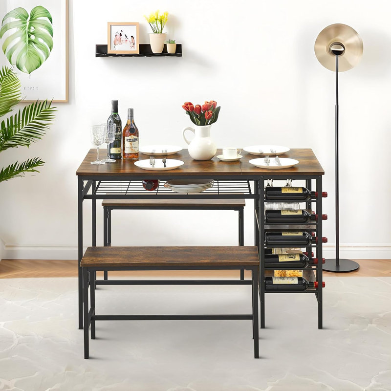 Ensemble de table de salle à manger 3 pièces rectangulaire avec support à vin, comprenant 2 bancs pour 4, idéal pour les petits espaces, les appartements et les dîners