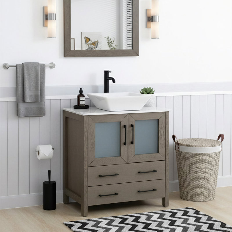 Ravenna 30" Freestanding Single Sink Bathroom Vanity with Engineered Marble Top and Matching Mirror, Dark Gray, 30" W