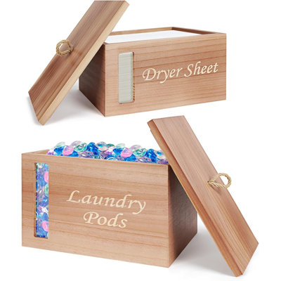 2 Pcs Wood Laundry Pods Container， Dryer Sheet Holder, Solid Pine Laundry Sheet Container Dispenser with Visible Window for Laundry Accessories, Farmhouse Decor for Laundry Room Refresh