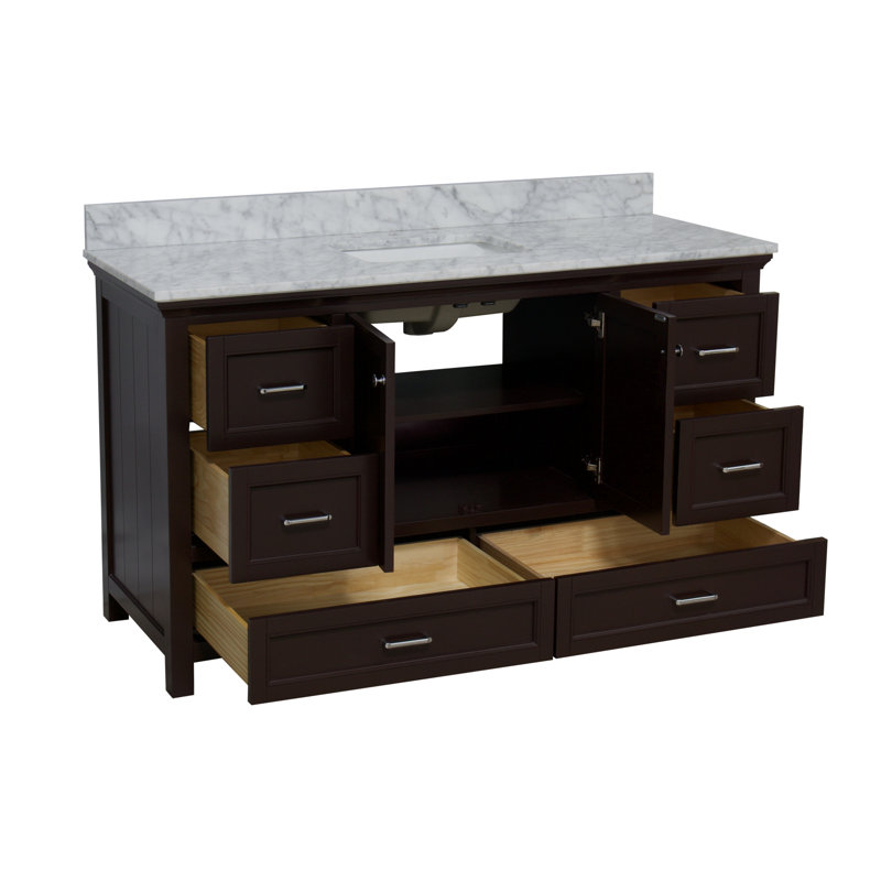 Ensemble de meuble-lavabo simple 60 po avec meuble chocolat et comptoir en marbre de Carrare Maven, Chocolat