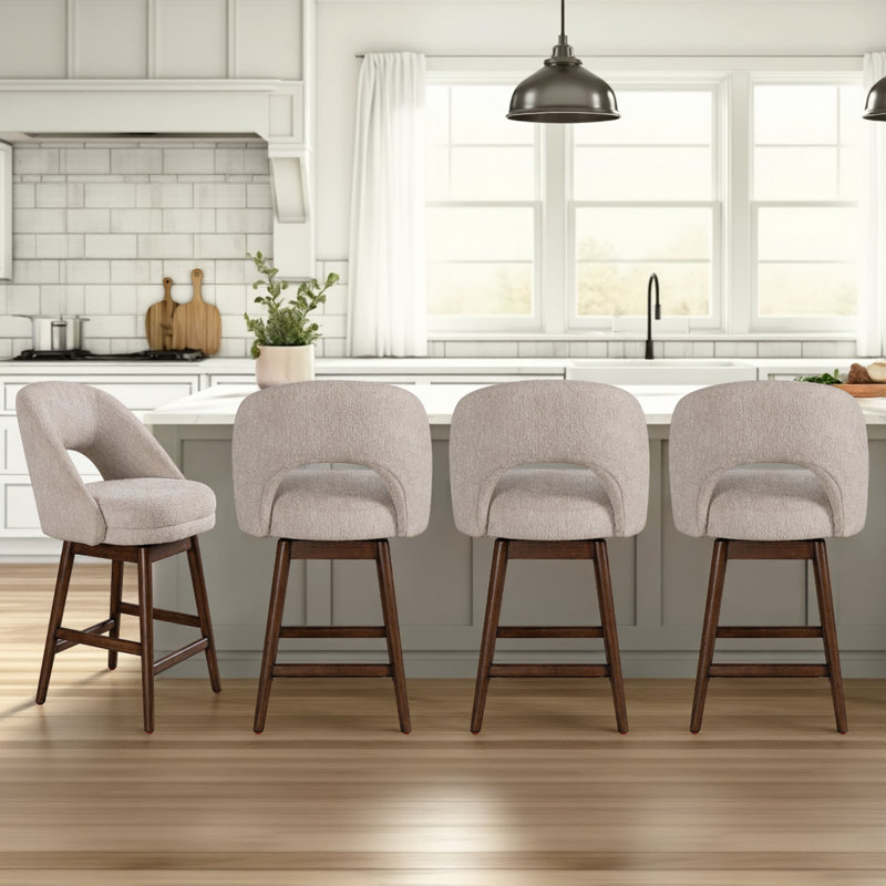 Watanabe Solid Wood Upholstered Swivel Barstool With Fabric Seat, Brown Oak, Bar Stool (30.25” Seat Height), 1