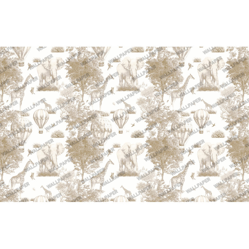 Motif de papier peint pour chambre d'enfant : animaux de safari sépia et montgolfière, L 200 x L 110, Non tissé