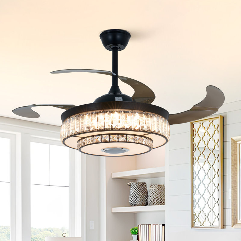 Hamite 43" Crystal Ceiling Fan with LED Lights & Bluetooth Speaker | Retractable Blades, Remote Control, RGB Color Changing Fan Light for Bedroom, Living Room & Office