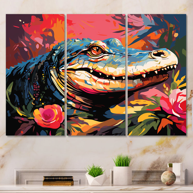 Pop Art alligator Blooms II - crocodile, art mural, Toile tendue, H 28 po x l 36 po