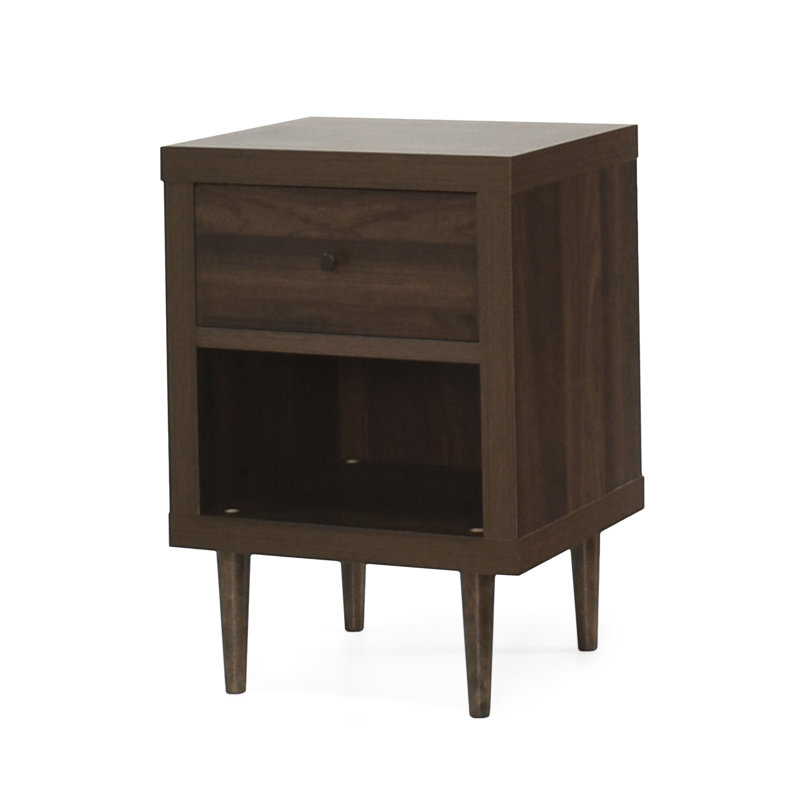 1 table de chevet d'aspect Mid-Century, placage en faux bois, pieds en bois d'hévéa durables, texture, stable, Noyer