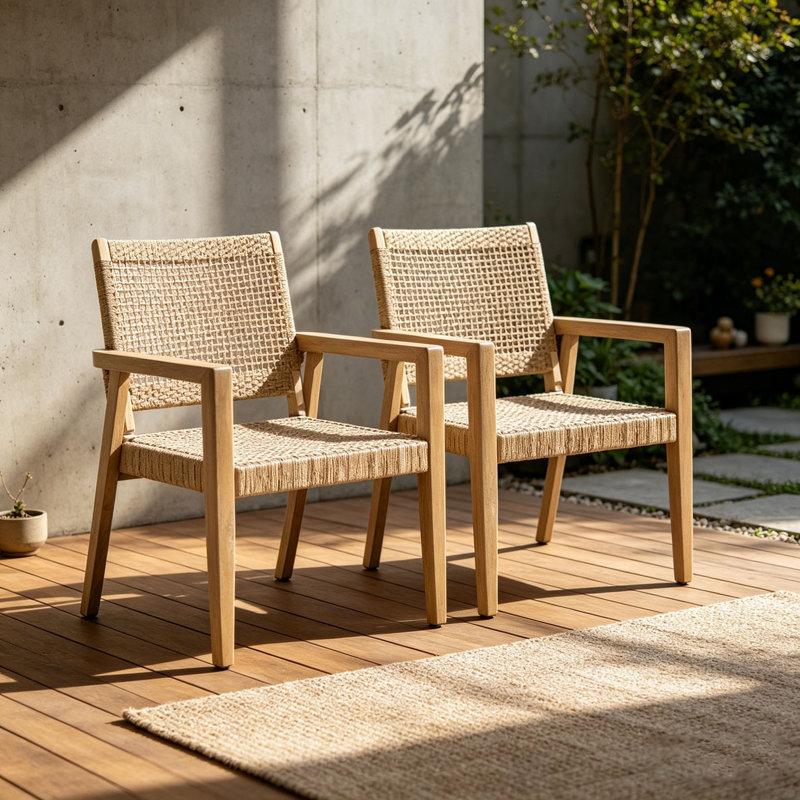 Outdoor Wicker and Acacia Wood Club Chairs Set