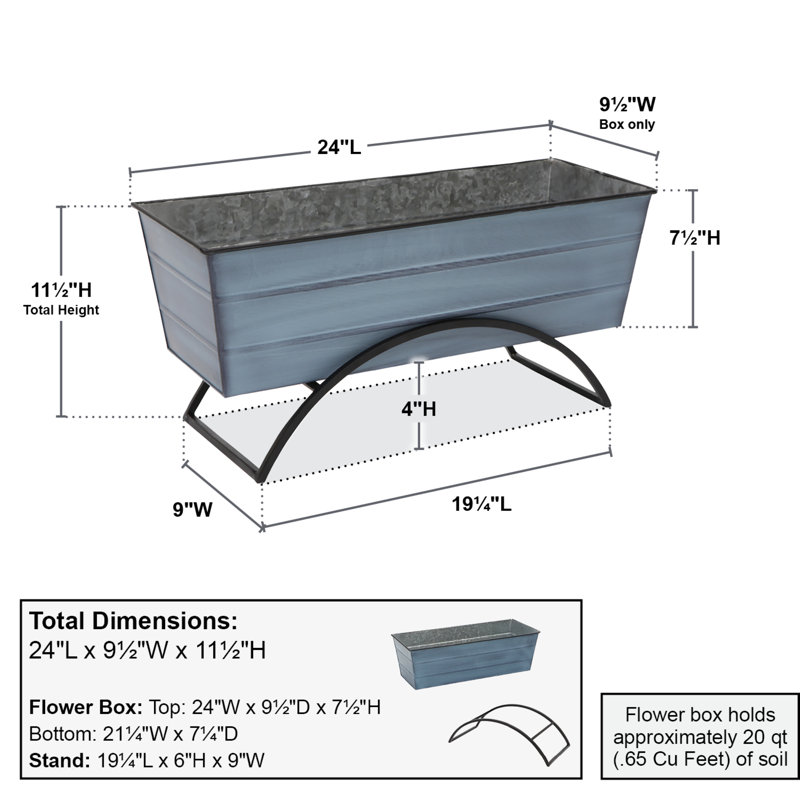 Medium Blue Galvanized Steel Planter Box with Black Iron Stand