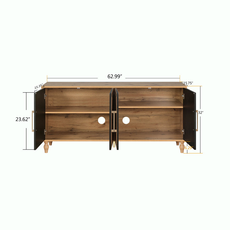 Console de rangement en bois 62,99 "avec 4 portes et tablette réglable, Naturel