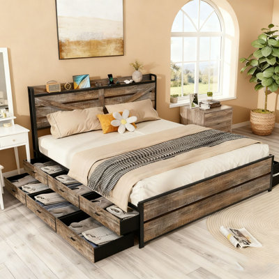 Bed Frame with Storage Headboard and 12 Drawers LED Lights, Metal Platform Non-Slip Without Noise Mattress Foundation Strong Metal Slats Support