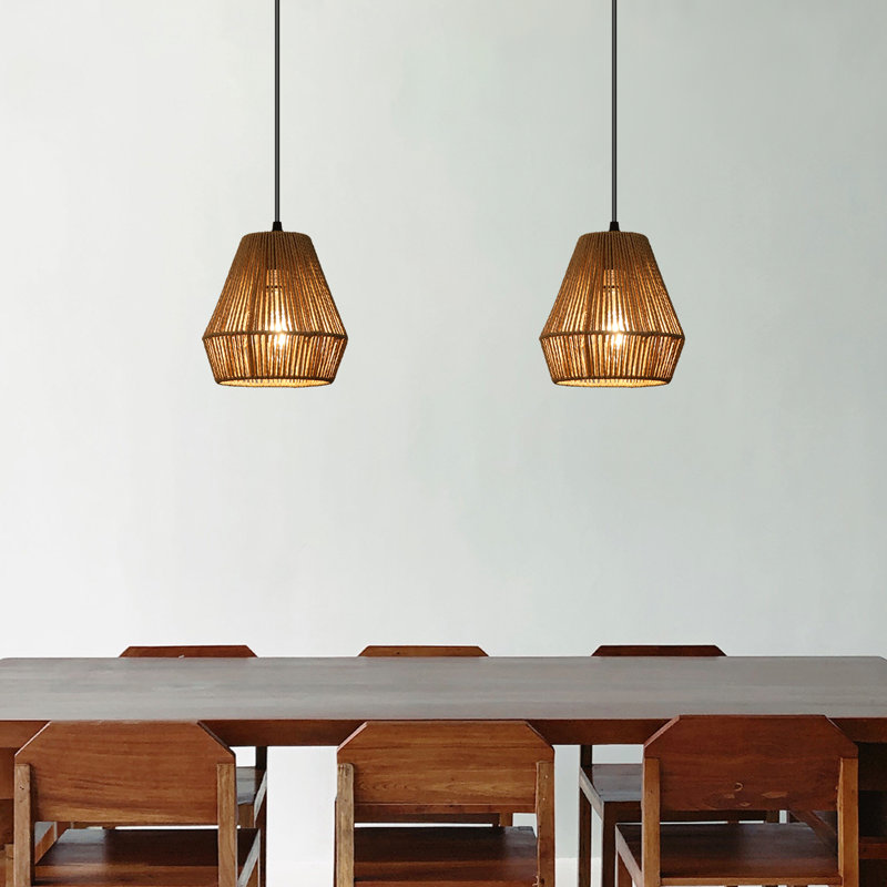 7.09 in. 2 Pack Boho Mini Rattan Pendant Light, Natural/Wood