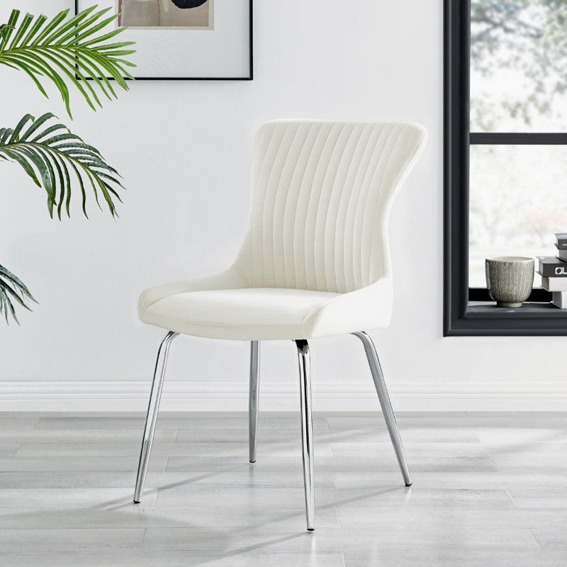 Illman Luxury Velvet Upholstered Dining Chair - Elegant Modern Deco Style, Cream, Silver
