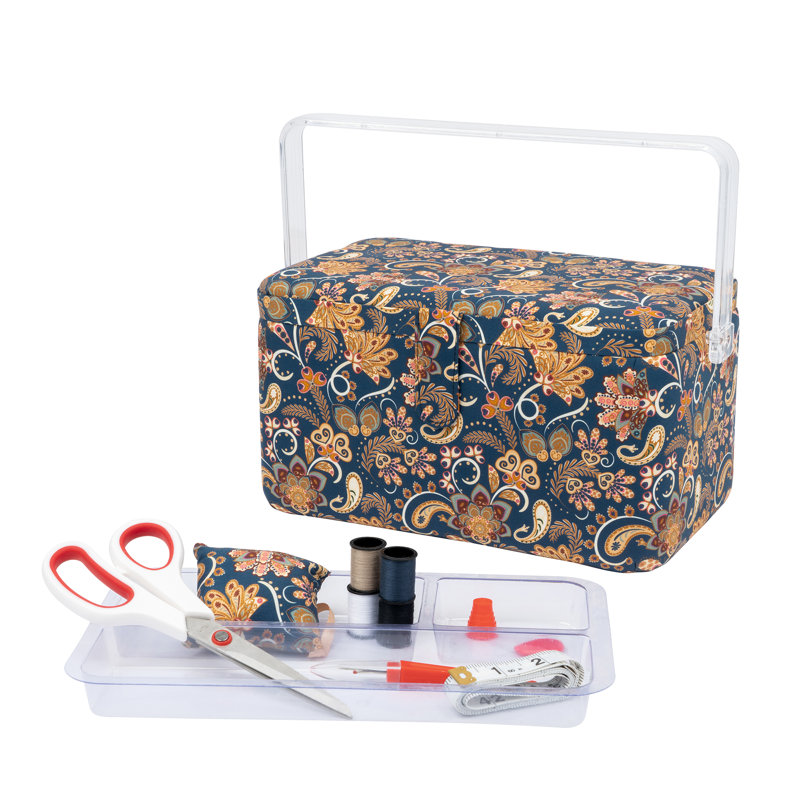 Grand panier à coudre SINGER, imprimé cachemire bleu marine avec ensemble de couture et coussin à épingles assorti