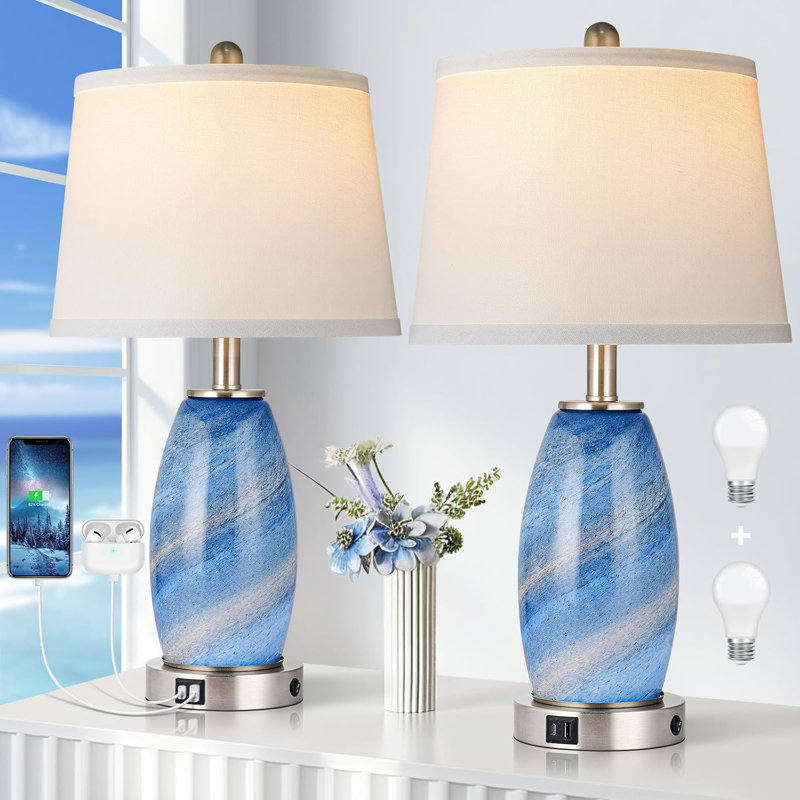 Blue Textured Glass 3-Way Table Lamps with USB Ports, Set of 2