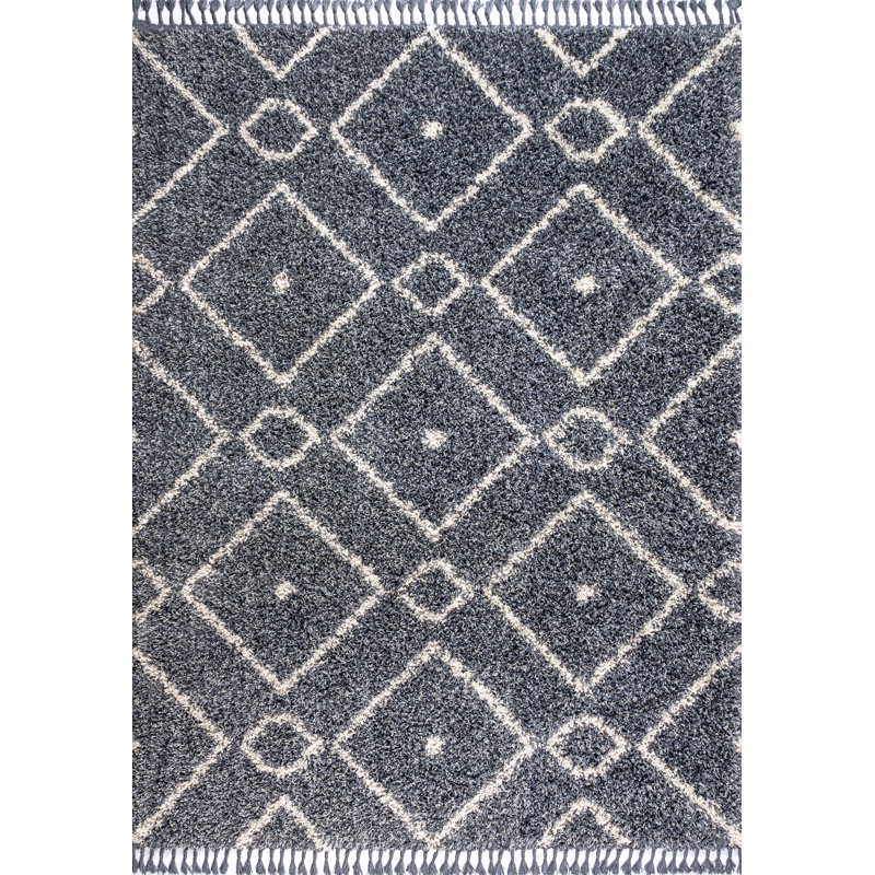 Tapis bleu / crème à poils longs moelleux à losanges McKenly, Rectangle 3 pi 1 po x 5 pi