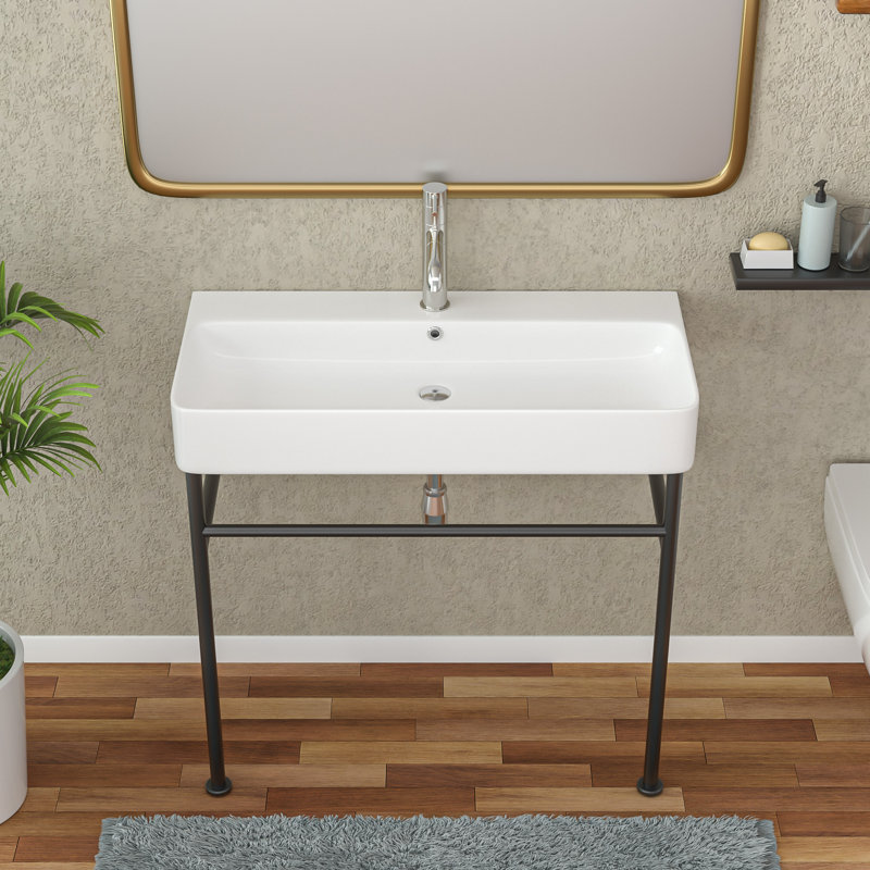 Lavabo console rectangulaire en céramique blanche de 35 po de hauteur avec trop-plein, Noir
